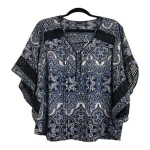 Zac & Rachel Sz XL Multicolour Boxy Blouse Relaxed Fit Kimono Lace Trim Sleeves